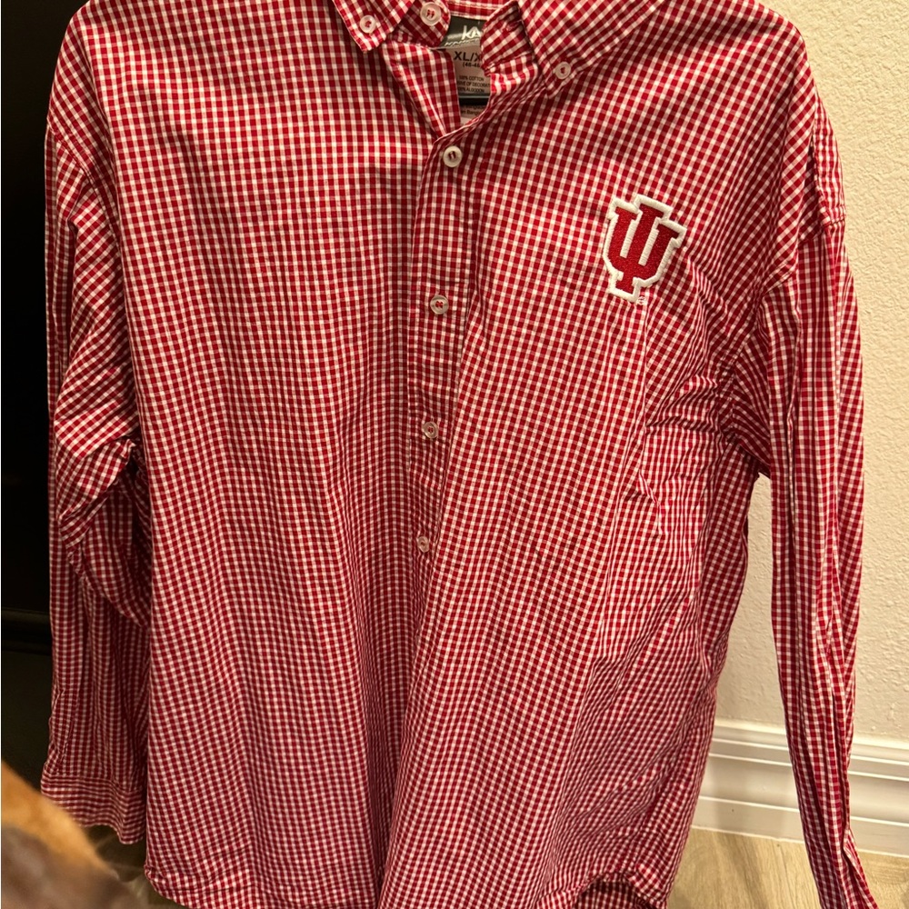 Red and White Casual Button Down Shirt with IU Logo